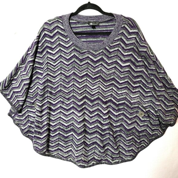 AB Studio Womens Poncho Cape Sz L Pull Over Knit Sweater Purple Black & Grey - Picture 2 of 11